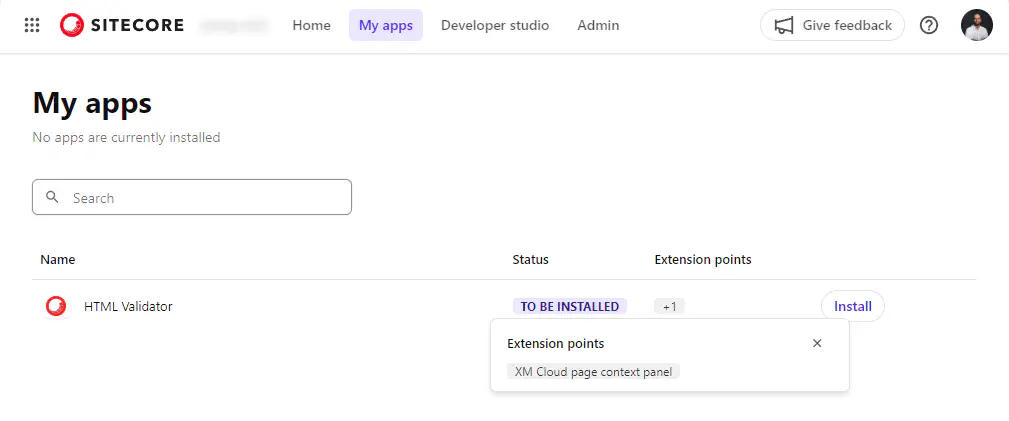 Screenshot of Awaiting install of authorized app in Sitecore Portal