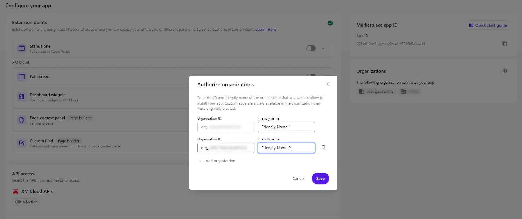 Screenshot of Authorizing organizations to have access to developed app in Sitecore Portal