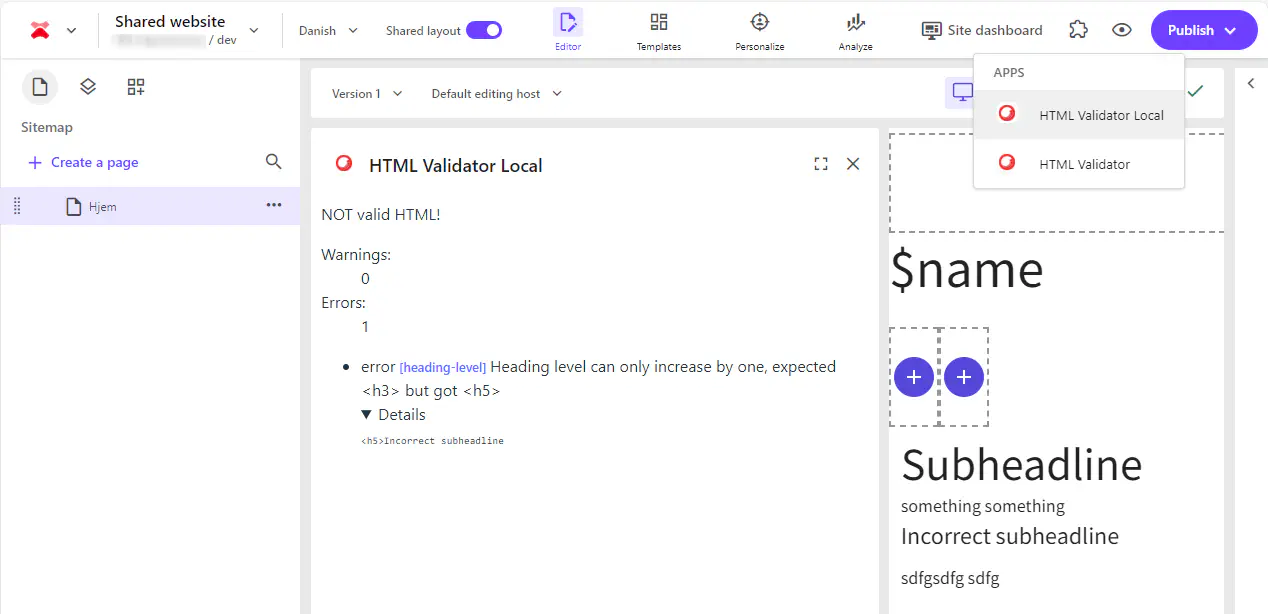 Screenshot of the HTML Validator shown with results in left context panel in Sitecore XM Cloud
