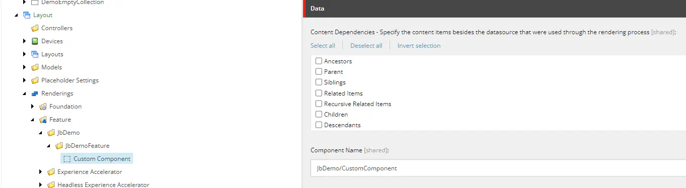 Screenshot from Sitecore Content Editor showing the field Component Name on rendering that links the item with headless implementations. By using a path it allows you to place the ViewComponent in a folder structure