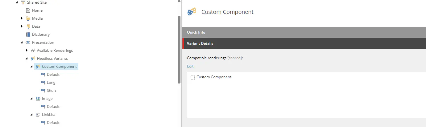Sitecore content tree structure showing created rendering variants