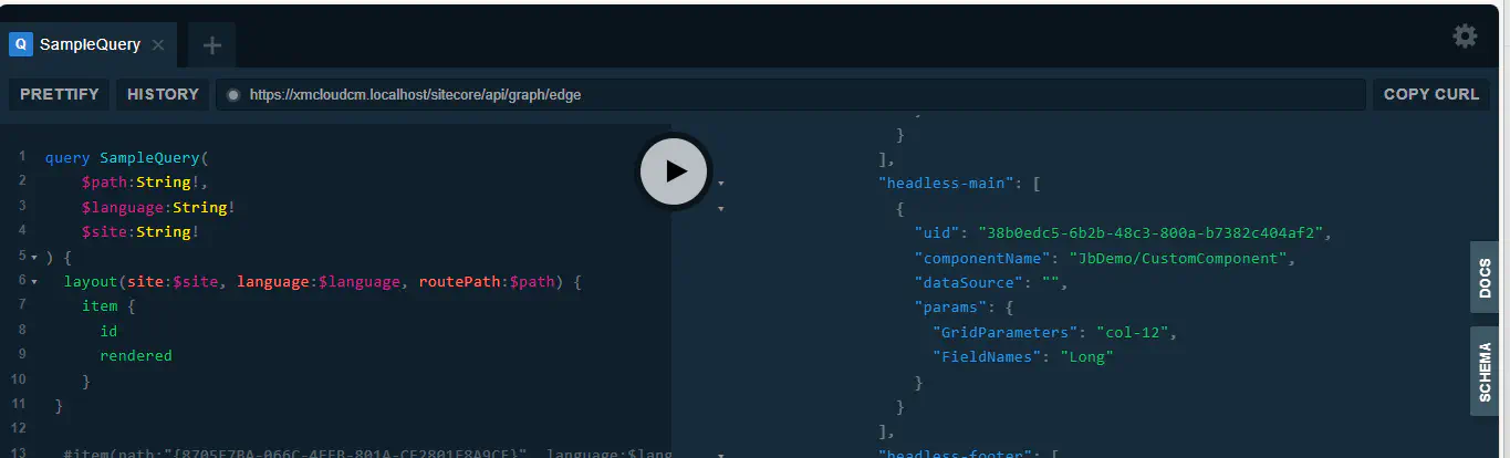 Sitecore GraphQL playground showing the part of the layout response for my custom component configured with rendering variant
