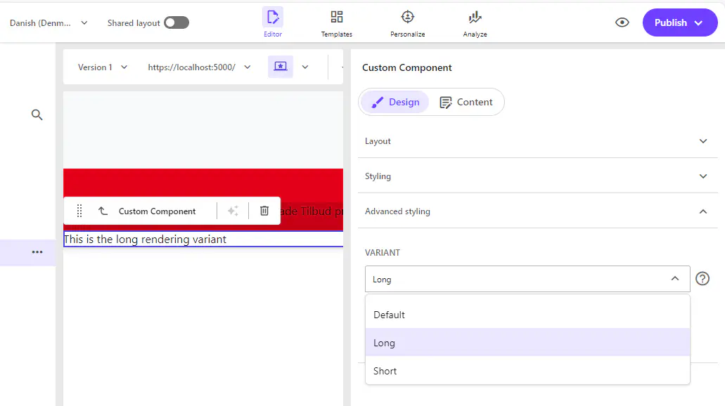 Screenshot from Sitecore XM Cloud Pages where the editor can choose rendering variants