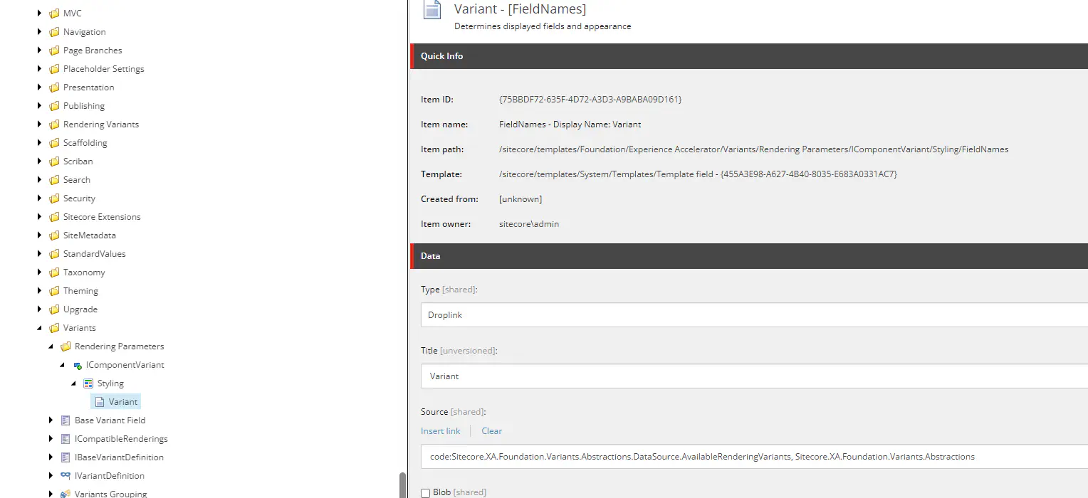 Screenshot from Content Editor showing the field used in Rendering Parameters Template to select the Rendering Variant